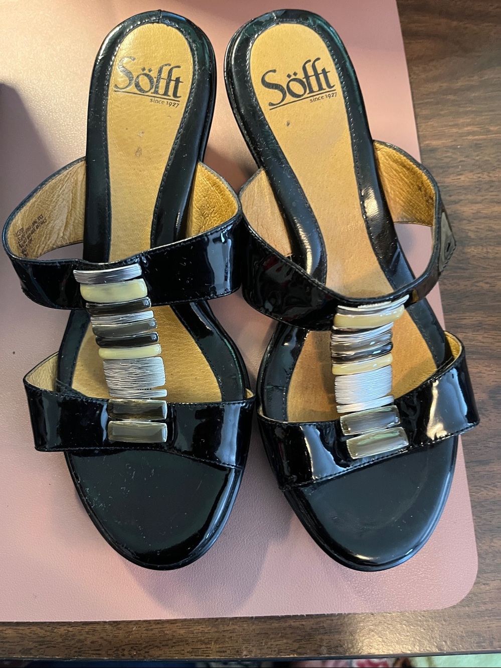 Sofft Black Patent Leather Wedge Sandals